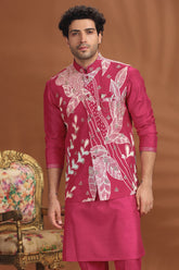 Rani Pink Silk Kurta Pajama with Printed Jacket